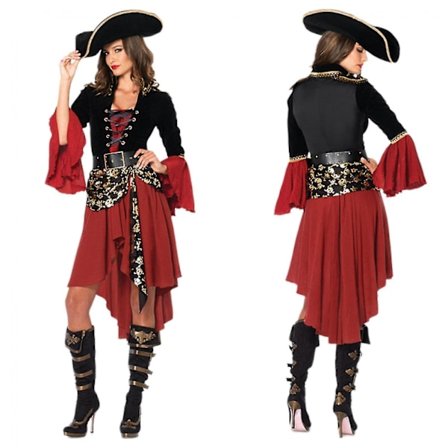 Dam 3 st Cruel Seas Pirate Kaptajn Kjole Kostume med fastgjort bælte, bælte, hat, sort/vinrød