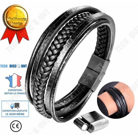 Armband - TD - Flera lager - Svart läder - Rostfritt stål - 20 cm