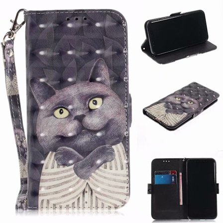 Etui til iPhone 14 med katte-malet læderprint, tegneserie-kortslot-pung