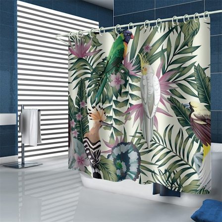 180 x 200 cm hometta ja vettä hylkivä suihkuverho, jossa on 12 rengasta, 3D-digitaalinen tulostus, kirkkaanvärinen vihreä papukaija