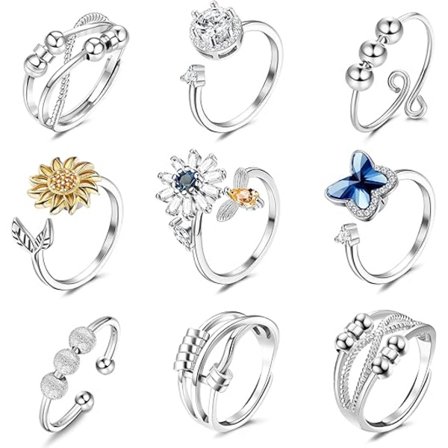 Ring för Kvinnor Män Spinner Fidget Ringar för Anti Ångest Justerbara Öppna CZ Blomma Pärla Stresslindrande Snurrande Roterbara Ringar 9 st