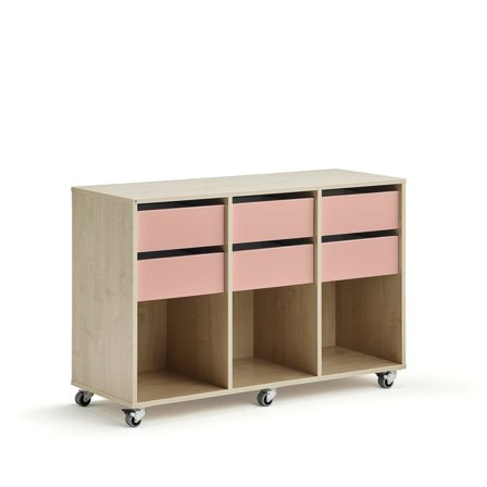 Regał szkolny CASPER, 6 szuflad, 3 przegrody, brzoza, ciemnoróżowy