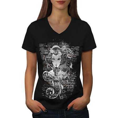 Gotisk asiatisk dam T-shirt med svart v-ringad dam