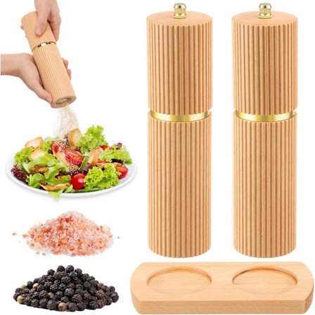 2-delat Set med Salt- och Pepparkvarnar i Trä med Keramisk Kärna, Justerbar Grovhet & Serveringsbricka