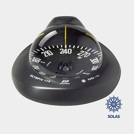 Kompass Plastimo Olympic 115 svart plast med platt ros, universalbalanserad för segelbåtar 6-12 meter, SOLAS