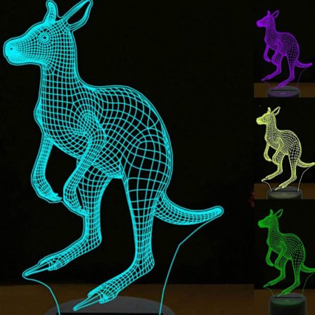 3D Kenguru Nattelys Lampe Illusionslampe 7 Farge Skiftende Berøringsbryter Skrivebordsdekorasjonslamper Gave med Akryl Flat ABS Base USB Kabel Leke