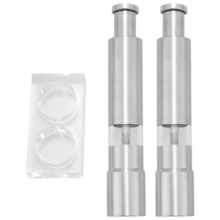 Salt og pepperkvernsett med 2, pepperkvern i rustfritt stål saltbøsse trykknapp manuell glass