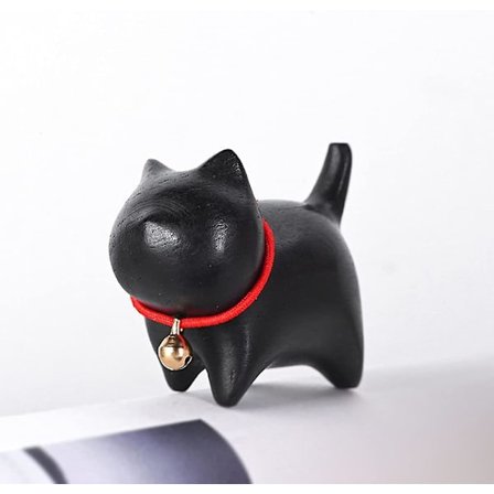 Träkattstaty prydnad mini snidad kattunge staty med klocka lyckokatt djur skulptur pennhållare skrivpenna hållare skrivbordsdekoration Buddha