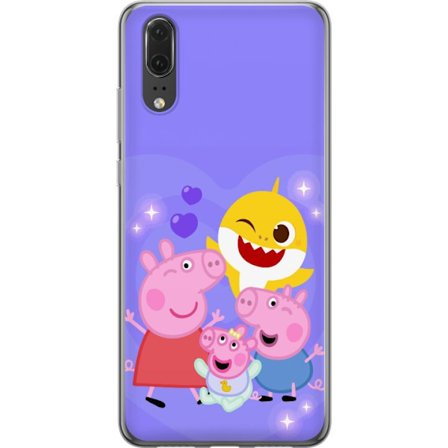 Kompatibel Mobilcover til Huawei P20 Peppa Gris mønster med hjerter, sommerfugle og venner, lyserød baggrund i bløde børneillustrationer