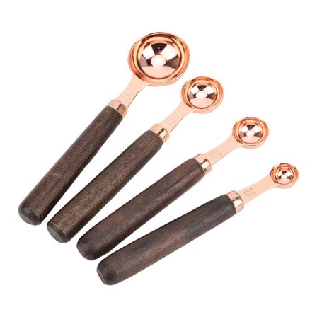 4 Rosegull Måleskjeer Rustfritt Stål med Valnøtt Håndtak Kjøkken Baking Matlaging Verktøy