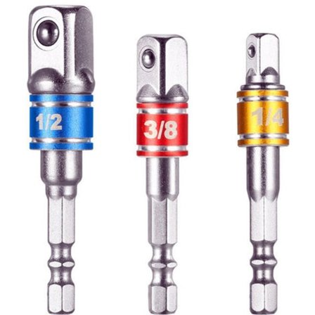 Hylshållare-adaptrar för borr/impactskruvdragare. Set med 3 adaptrar med fyrkantiga sidor 1/4", 1/2", 3/8" i kromvanadium.