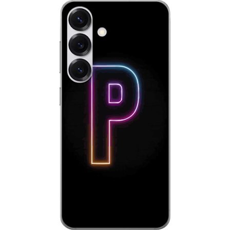 Kompatibel Mobilcover til Samsung Samsung Galaxy S25 Minimalistisk neonbogstav P i farvegradient og lyseffekt mod sort baggrund i digital neonstil