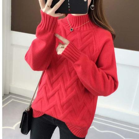 Kvinnor Stickad Höst Vinter Tröja Lös Student Undertröja Halv Polokrage Pullover Långärmad Red 59*96*62cm
