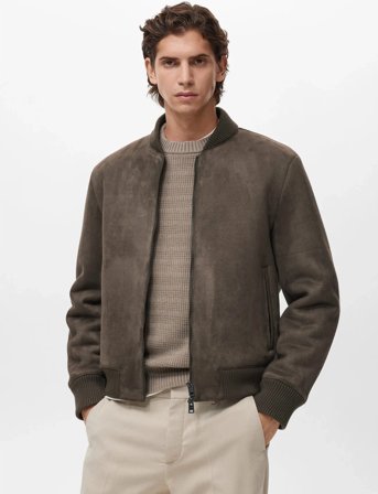 Mango Suede-Effect Bomber Jacket - Brown - S