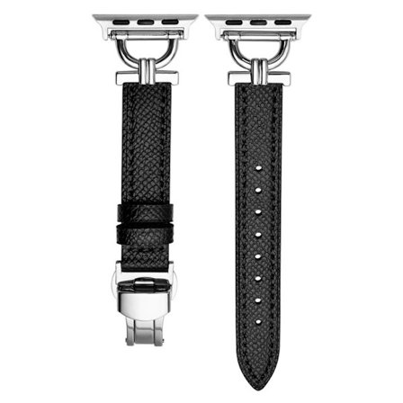 Slankt læder Apple Watch rem 42mm (Series 10) 41mm 40mm 38mm, Dame Herre D-formet metalspænde læder armbånd - Sort