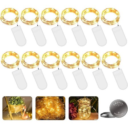 LED-batteridrivna ljusslingor, 12 stycken 2M 20LED koppartrådslampor (varmvit)