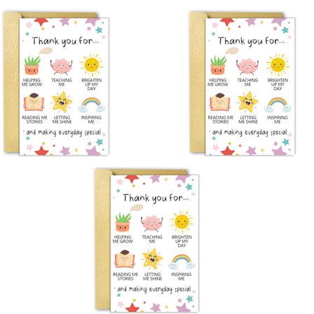 3 stk. Sødt Tak Lærer Kort, "Tak fordi du hjalp mig med at vokse" – Fantastisk påskønnelsesgave fra studerende | Perfekt afslutningsgave