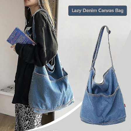 Denim Lærredstaske Justerbar Enkelt Skulderrem Med Sidelomme Til Kvinder
