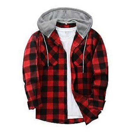 Flannel Hoodie Skjorter til Mænd Casual Plaid Skjorte, Langærmet Stilfuld Hættetrøje (3XL Rød)