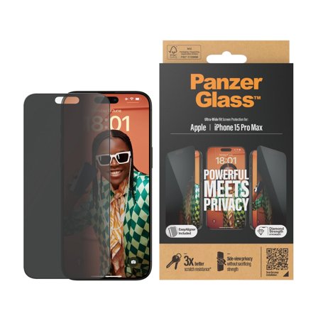 Panzer Privacy iPhone 15 Pro Max | Ultra-Wide Fit w. EasyAligner Screen Protector PanzerGlass - High quality tempered glass screen protector