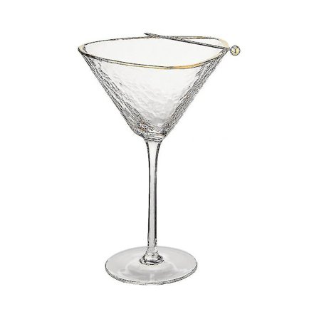 Hamrede Martini-glass med gullkant, sett med 2, gullkantede Martini-glass og 2 gullbelagte cocktailpinner, unike Martini-glass