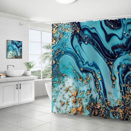 Marmormönstrad duschdraperi, modern abstrakt duschdraperi med 12 krokar, blå