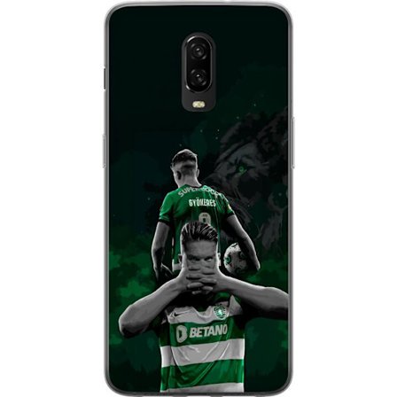 Yhteensopiva Puhelinkuori OnePlus 6T Neonmotiivi, jossa teksti "Gaming is in my DNA" sinisenä ja punaisena tiiliseinällä, jossa loistava DNA-spiraali.