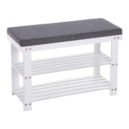 Skohylla med sittbänk i bambu med vadderad sits och 2 hyllplan - Vit