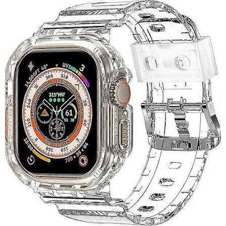 Kompatibel med Crystal Clear Apple Watch-rem, 45 mm 44 mm 42 mm med kofanger til mænd og kvinder, gelé-sportsurrem og etui