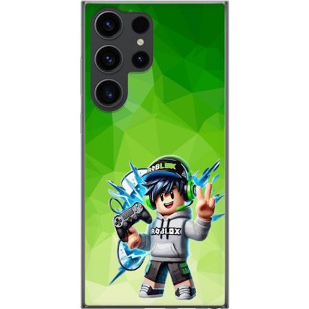 Kompatibelt Mobildeksel til Samsung Galaxy S24 Ultra Roblox-inspirert gamerfigur med headset, håndkontroll og energiske effekter mot grønn bakgrunn