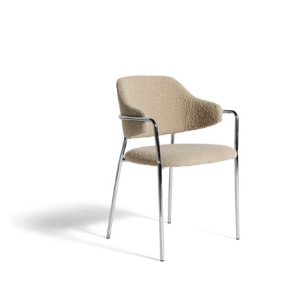 Lumo spisebordsstol med armlæn, Amiya Beige - Komfortabel stol med koldskum, krom stel & krydsfinér - Mål: 60x86x53cm - Perfekt til spisestuen
