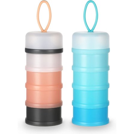 2 stk. bærbar melkedispenser for baby, 4 roms doseringsboks for melkepulver, grå rosa + blå, for reise og aktiviteter
