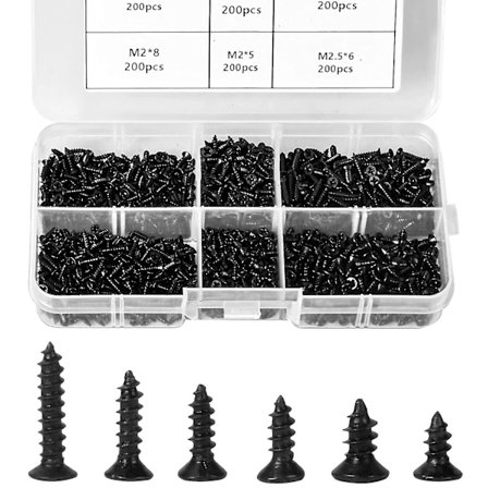 M2 M2.5 skruer, forsunkne hodeskruer, kryss flate hodeskruer, selvtappende skruer sortimentsett for daglig reparasjon, (svart) 1200 stk)