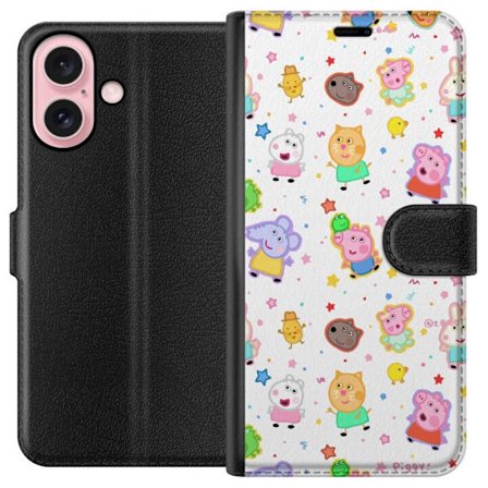 Kompatibelt Lommeboketui til Apple iPhone 16 Fargerike tegneserie dyrekarakterer i en leken stil med stjerner og prikker på en lys bakgrunn