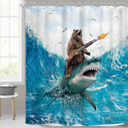 Hauska huumori suihkuverho Hai kalhu ratsastus surffaus Cool Eläin Gun Beach Siniset aallot Ocean Birds Clouds Pojat Miehet Taide 72wx72h Tuumaa 