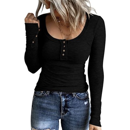 Långärmade Henley T-paidat naisille Slim Fit Toppar med knappar