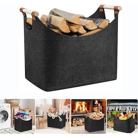 Filt Brændekurv med Træhåndtag, Ekstra Tyk Taske kompatibel Indendørs og Udendørs Pejs, Foldbar Filtkurv kompatibel Træ, Aviser, F