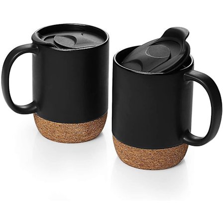 JUSCH 44 cl Kaffekopper, Sæt med 2 Store Keramiske Kopper, Koppesæt med Isoleret Korkbund og Stænktæt Låg til Mænd, Kvinder, Kaffe, Te, sort (WZ129)
