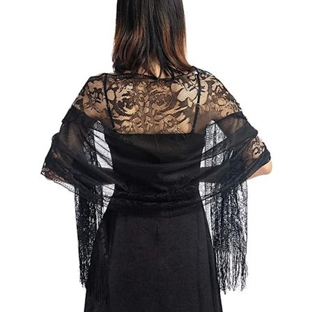 Kvinnors blommiga spetssjal med tofsar, mjukt nät med fransar W