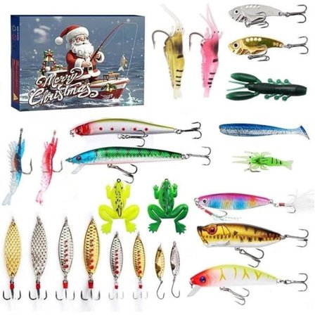 Fiskekalender 2025 Adventskalender – 24-dagers julekalender med fiskeutstyr, fisketilbehørssett, nedtellingskalender