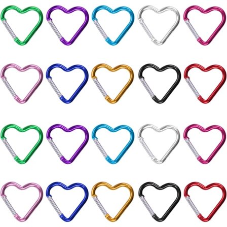 20 stk. hjerteformede karabinhager, flerfarvede aluminiums karabinhager til camping, fiskeri, bjergbestigning, vandring og rejser