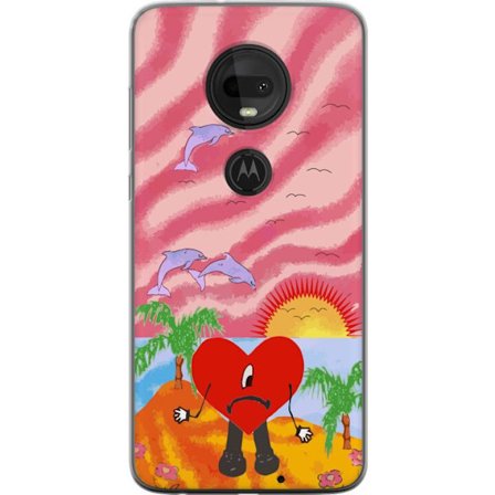 Kompatibelt Mobildeksel til Motorola Moto G7 Bad Bunny i en fargerik quiltet jakke med hjertemønster og solbriller i moderne gatestil