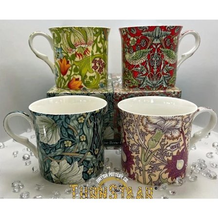 WILLIAM MORRIS ROSE Kollektion Sæt med 4 Store Engelske Fine Bone China Kopper Assorterede 33 cl