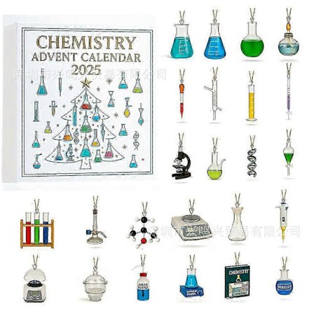 Kjemi Julekalendere 2025, 24 Dagers Jule Nedtellingskalender med Eksperimenter Kjemi Sett, 2D Akryl Vitenskapstema Hengende Anheng