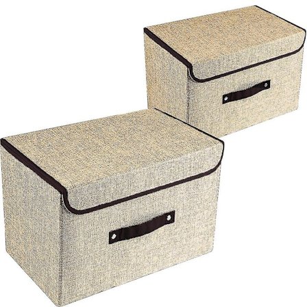 2-delt sæt store opbevaringskasser med låg og håndtag, sammenklappelige af linned