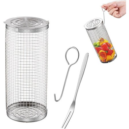 Rullande grillkorgar för utomhusgrillning, grillkorgar i rostfritt stål med krok(ar)