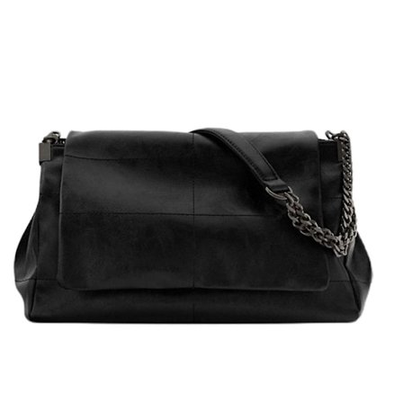 Womens Vintage Black Rock Style Flap Single Shoulder Bag With Chain Strap Faux Leather Luxury Zipper Messenger Handbag Pack Purse