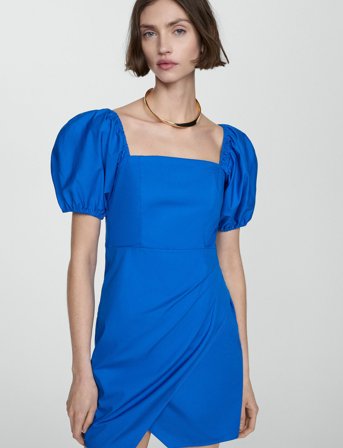 Mango Printed Dress With Balloon Sleeves - Blue - S