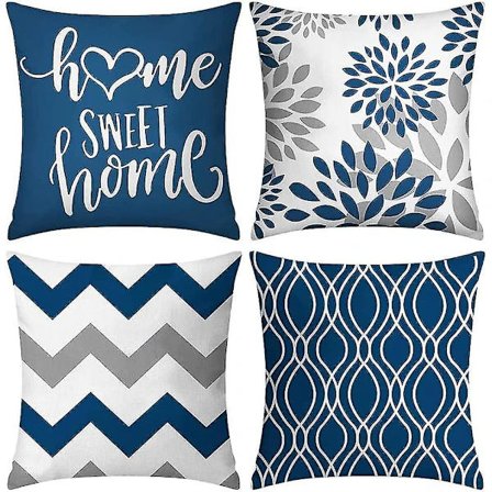 [CA] Sett med 4 dekorative putetrekk, blå geometriske putetrekk 45 x 45 cm, moderne pynteputetrekk, utendørs putetrekk for stue