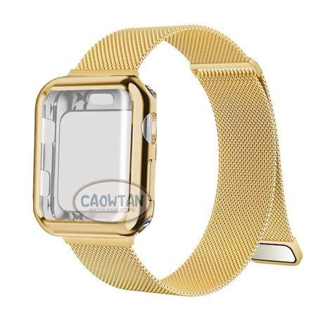 Milanese-reim + rem for Apple Watch Band Ultra 49MM 41mm 40mm 44mm 38mm 42mm TPU-skjerm Iwatch Series 9 8 7 6 SE 5 4 Correa 45mm Gull Gold 44mm-Series
